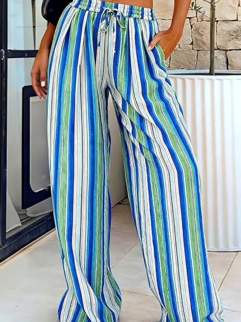 PrettyGarden Womens Pants Elastic Waist Striped Palazzo Pants XL NWT